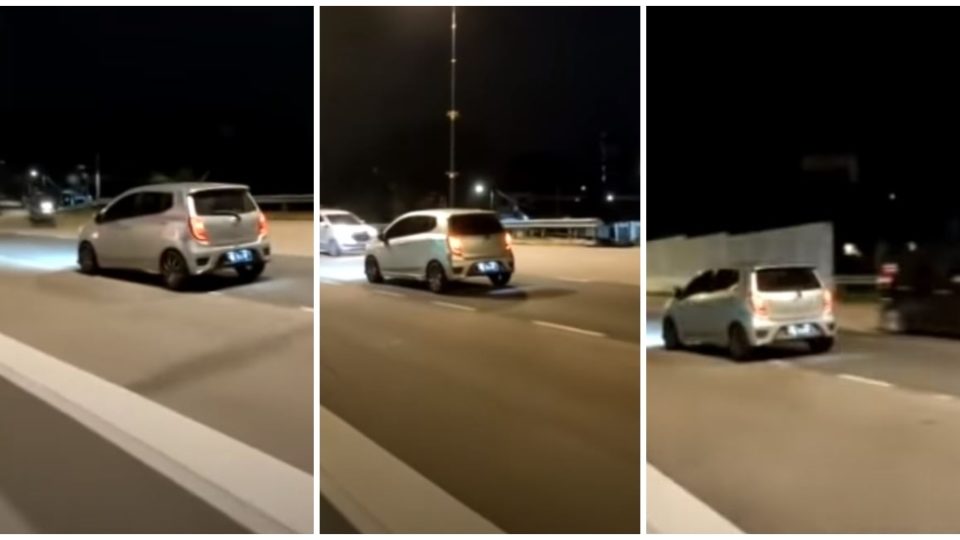Screenshots of a motorcycle and cars avoiding the Perodua Axia driving against traffic flow. Photos: TV Pertiwi Official/ YouTube