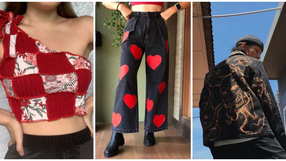 From left: A patchwork top, a pair of jeans with heart patches, and a hand-illustrated denim jacket. Photos: Reviveyourclothes, Mittens750 and Uncledanaunty/Instagram
