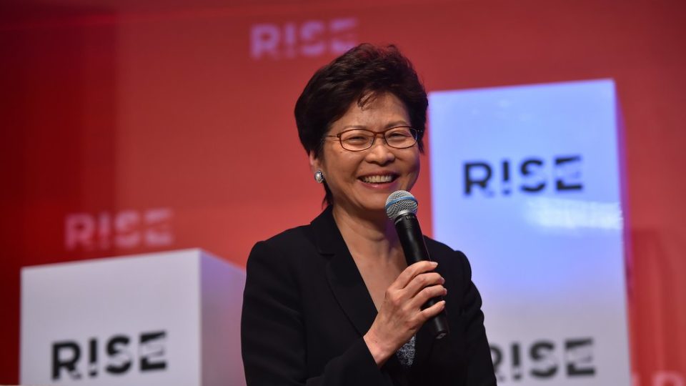 Chief Executive Carrie Lam speaks about the role of politics in technological innovation at the 2018 RISE conference. Photo via Facebook/RISE
