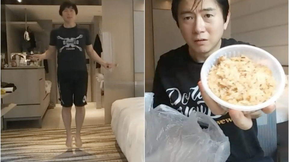 Screengrabs from today’s live stream of Ng doing jump rope exercises and showing his breakfast for the day. Photo: Singaporean In Korea / America / Japan/ YouTube
