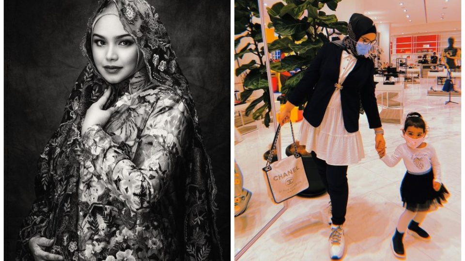 Siti Nurhaliza in her pregnancy announcement photo, at left. Siti and her daughter Siti Aafiyah walking around in a mall last July, at right. Photos: Siti Nurhaliza/Instagram