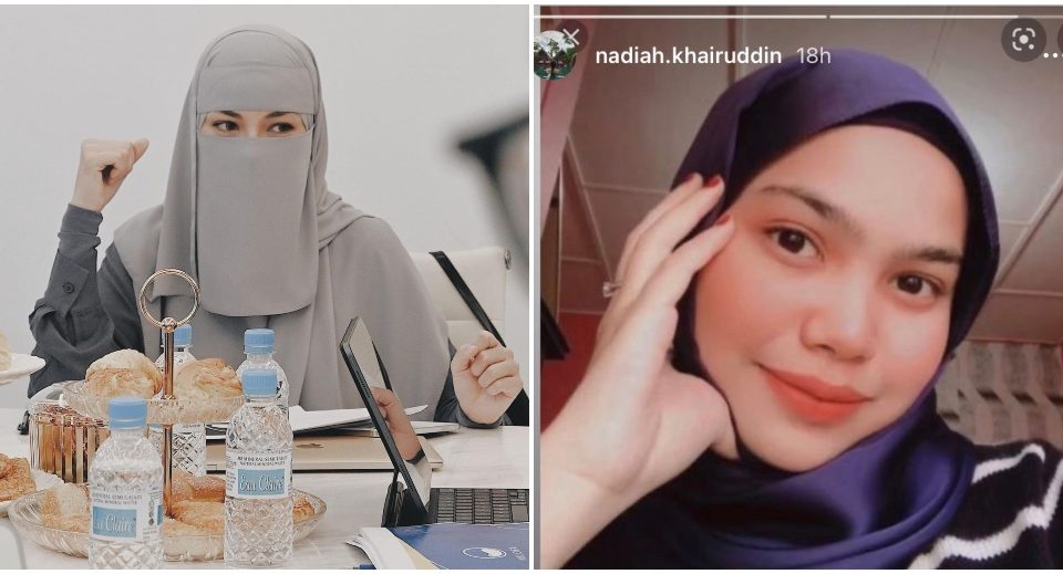 Neelofa speaking at a meeting yesterday, at left, and Syamira Safiya at right. Photos: Neelofa and Nadiah Khairuddin/Instagram