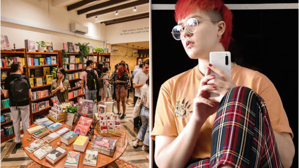 At left, The Moon bookstore in Singapore’s Chinatown in an undated photo. At right, one of its employees who said was fired in an Instagram story posted Sunday. Images: The Moon, Gorba10ko/Instagram
