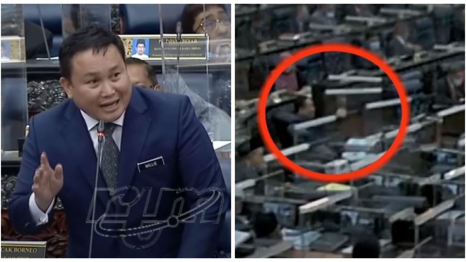 Willie Mongin in Parliament 1 Dec. 2020, at left. A screenshot of the clip alleging that Willie Mongin showed his middle finger, at right. Photos: RTM