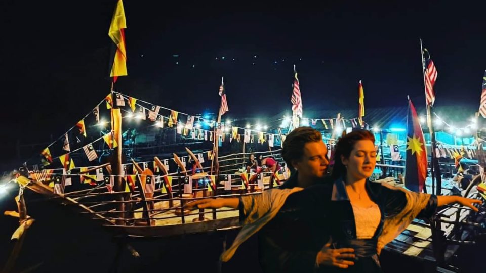 ‘Titanic’ movie stars Leonardo DiCaprio and Kate Winslet against a photo of Warung Pak OJ Selalang in Sarikei, Sarawak. Photo: Coconuts
