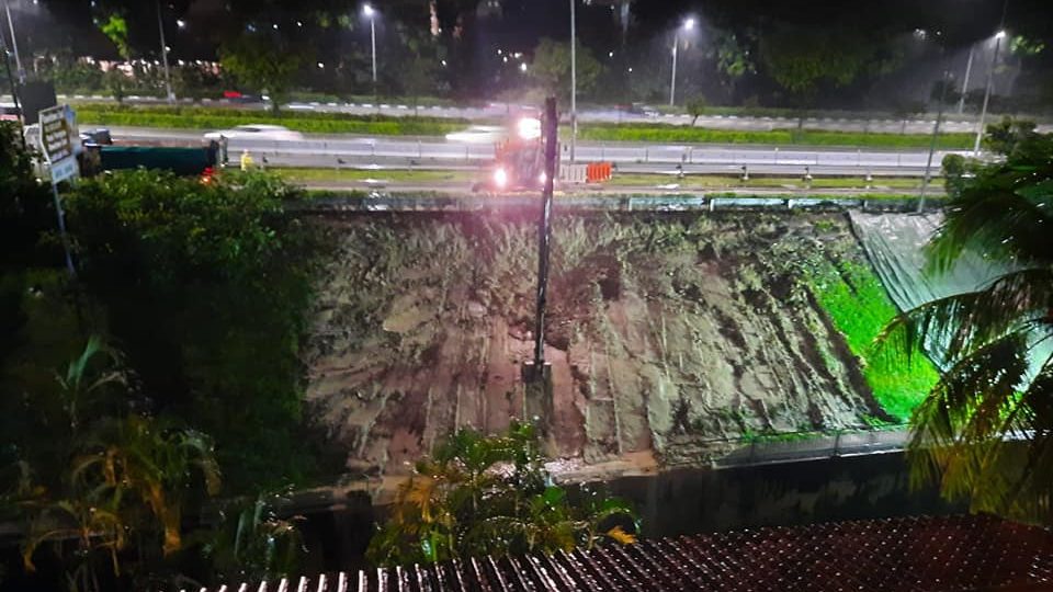 An embankment along the Tampines Expressway that gave way this past weekend under heavy rainfall, disrupting traffic on Loyang Avenue. Photo: Sharael Taha/Facebook
