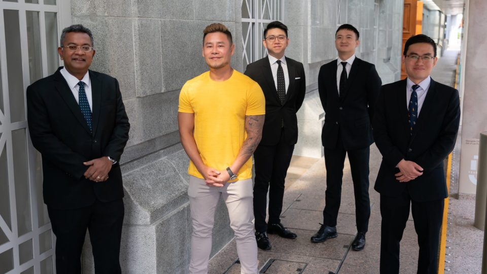 Johnson Ong with lawyers Eugene Thuraisingam, Suang Wijaya, Joel Wong, and Johannes Hadi at Monday’s hearing. Photo: Ruey Loo