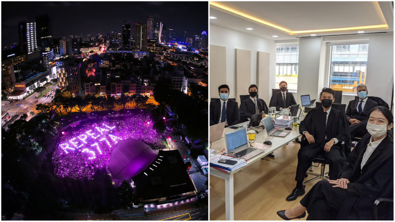 A Pink Dot pride rally event in 2019, at left. Attorneys prepare to make the case for the legal challenge this morning, at right. Photos: Pink Dot SG/Facebook, Ready4Repeal/Facebook
