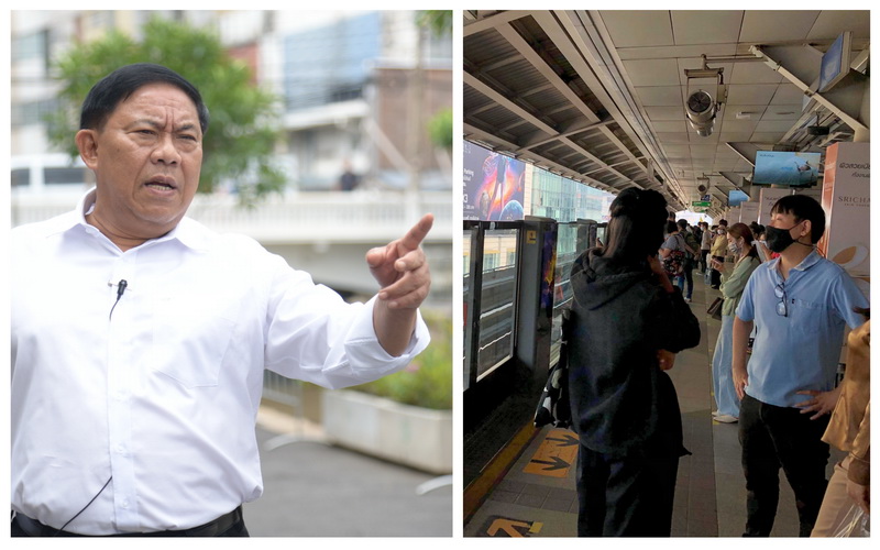 Bangkok Gov. Aswin Kwanmuang, at left, and commuters at BTS Siam, at right. Photos: Bangkok Metropolitan Administration, Coconuts