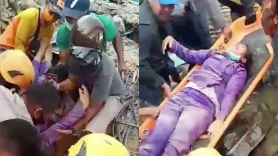 Rescuers have saved a victim who was buried under the ruins of a hospital destroyed by Friday’s earthquake in West Sulawesi, with video of the mission widely circulating online. Screenshot from Twitter