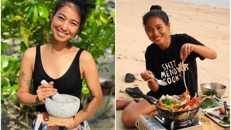 At left, Mendy Indigo holds a handcrafted mortar and pestle. At right, she stews a seafood hotpot on Koh Phangan. Photos: Mendy Indigo
