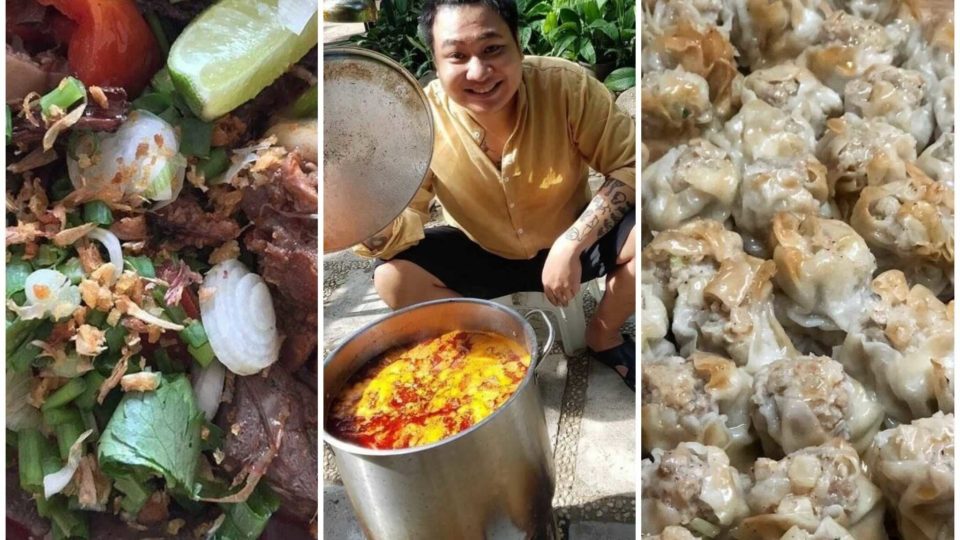 Kiattikoon “Toon” Auengkum, bartender of Asia Today, at center, and his homemade spicy noodle soup ‘khanom jean nam ngiew’ among other food his bars offer. Photos: Asia Today and Teens of Thailand
