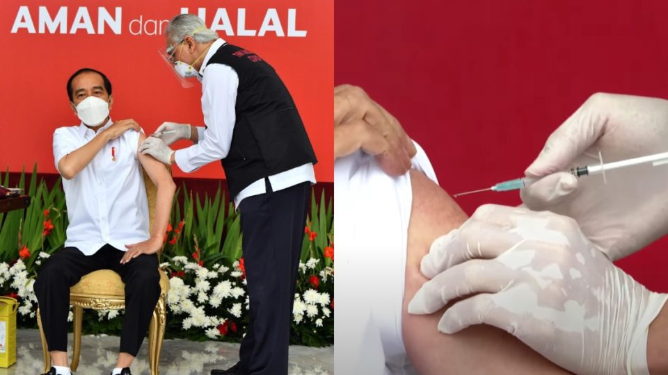 Prof. Abdul Muthalib, the presidential doctor who injected Indonesian President Joko Widodo with the CoronaVac vaccine this morning, is now under the spotlight thanks to his shaky hands. Photo: Twitter/@jokowi & YouTube/Sekretariat Presiden