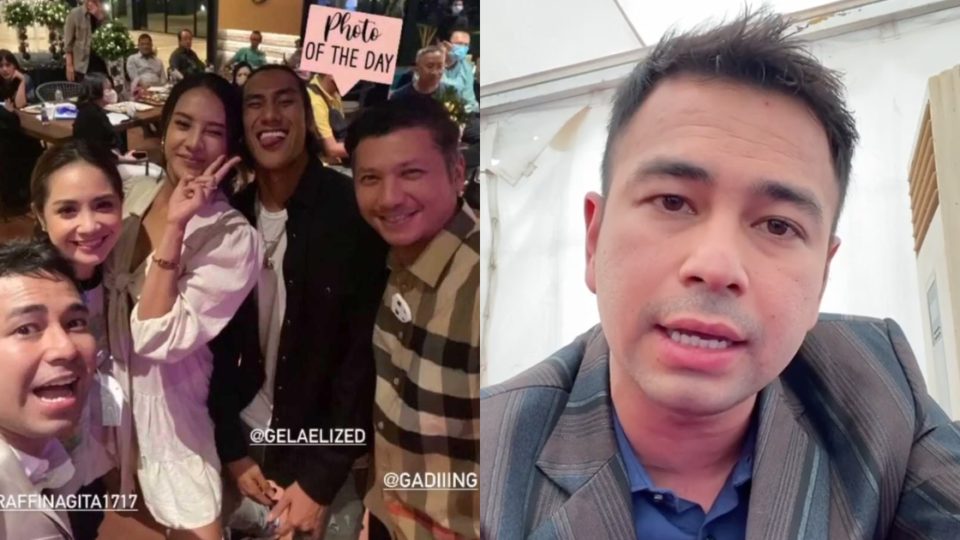 Screenshots of an Instagram story posted by Instaceleb Anya Geraldine from the party (L) and Raffi Ahmad’s apology video. Photo: Istimewa & Instagram/@raffinagita1717