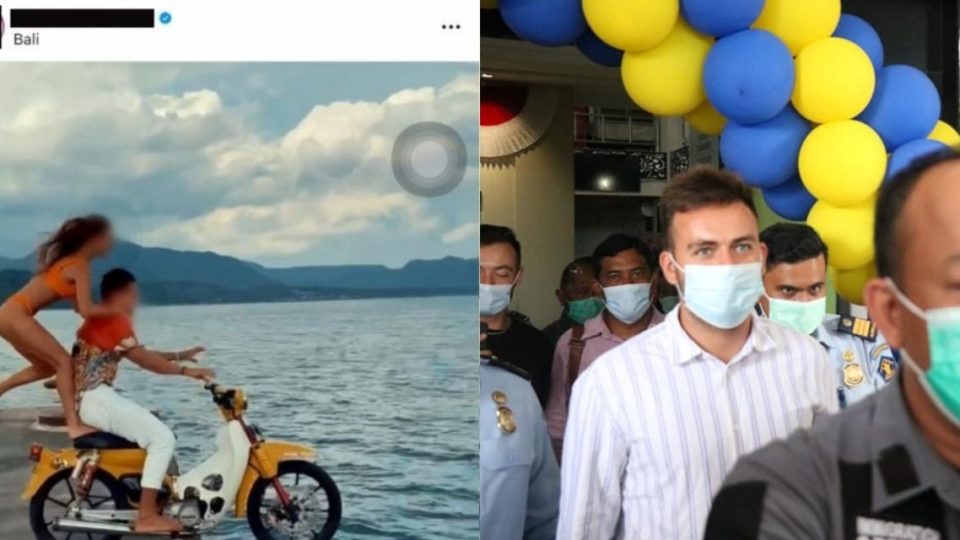 The Russian influencer was the subject of outrage across the country in December after he filmed himself launching off a dock in Bali on a motorcycle and plunging into the ocean.  Photos: Instagram and the Bali office for the Ministry of Law and Human Rights.