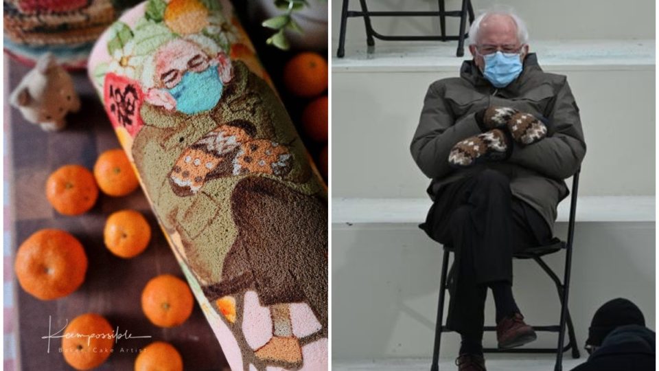 Bernie Sanders on a kumquat cake roll, at left. Bernie Sanders at Joe Biden’s inauguration, at right. Photos: Keempossible and Brickstar/Instagram