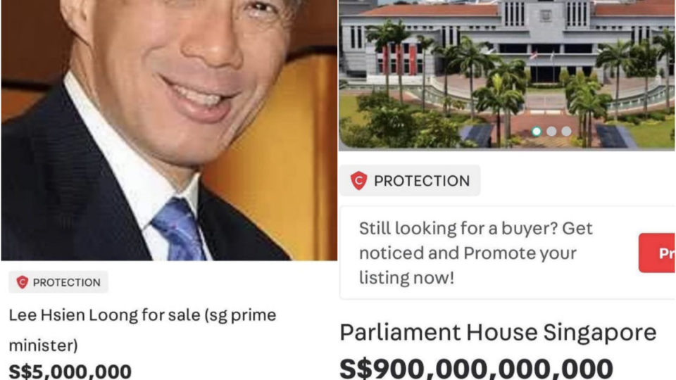 Prime Minister Lee Hsien Loong and the Parliament house in listings on Carousell. Photos: Sell.singapore/Instagram, Sgfollowsall/Instagram
