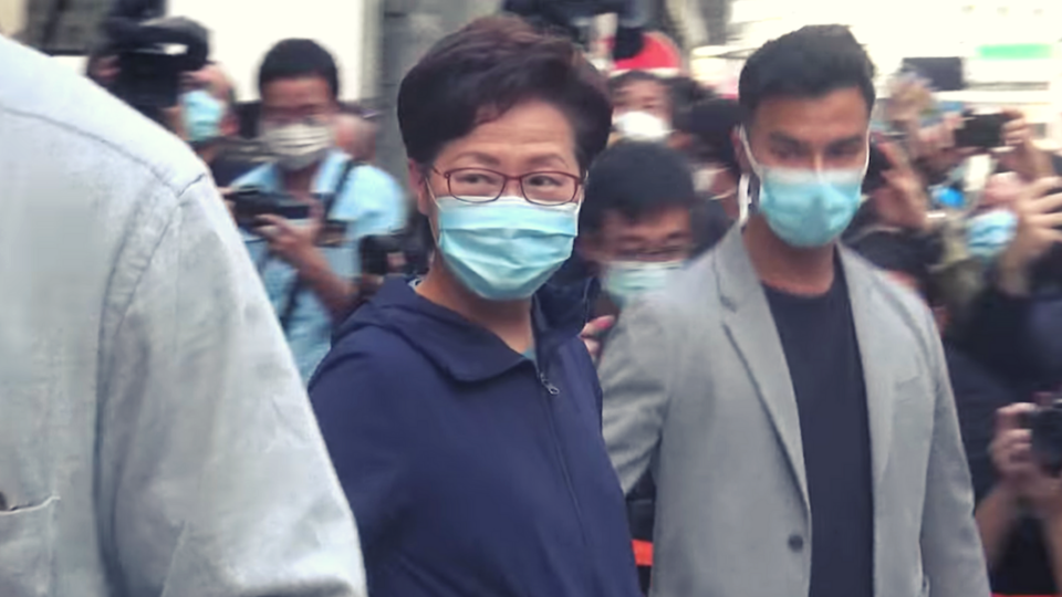 Chief Executive Carrie Lam was leaving after a press conference in Jordan when somebody yelled “I love you.” Photo: Screenshot via Next Media