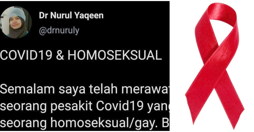 Screenshot of Dr Nurul Yaqeen’s deleted tweet, at left. World AIDS Day ribbon, at right. Photos: Nurul Yaqeen/Twitter, Jupiter Images