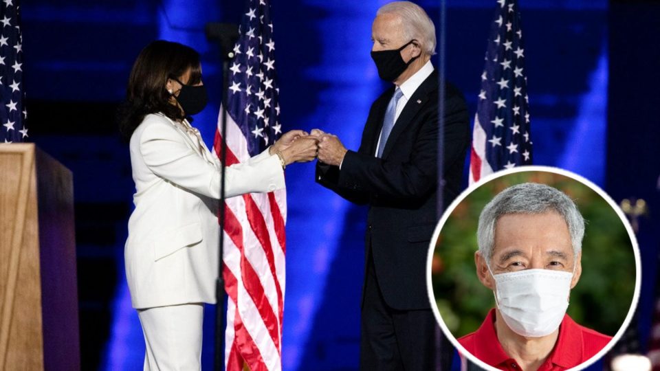 U.S Vice President Kamala Harris with President Joe Biden and Singapore Prime Minister Lee Hsien Loong. Photo: Coconuts