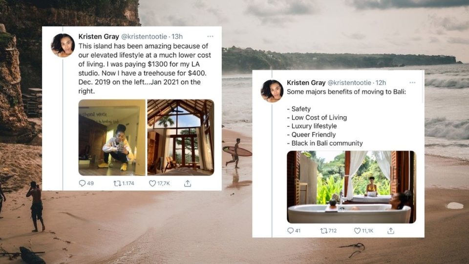 Kristen Gray sparked a heated debate on Twitter after she wrote a thread about moving to Bali. Photos: Twitter and Unsplash 