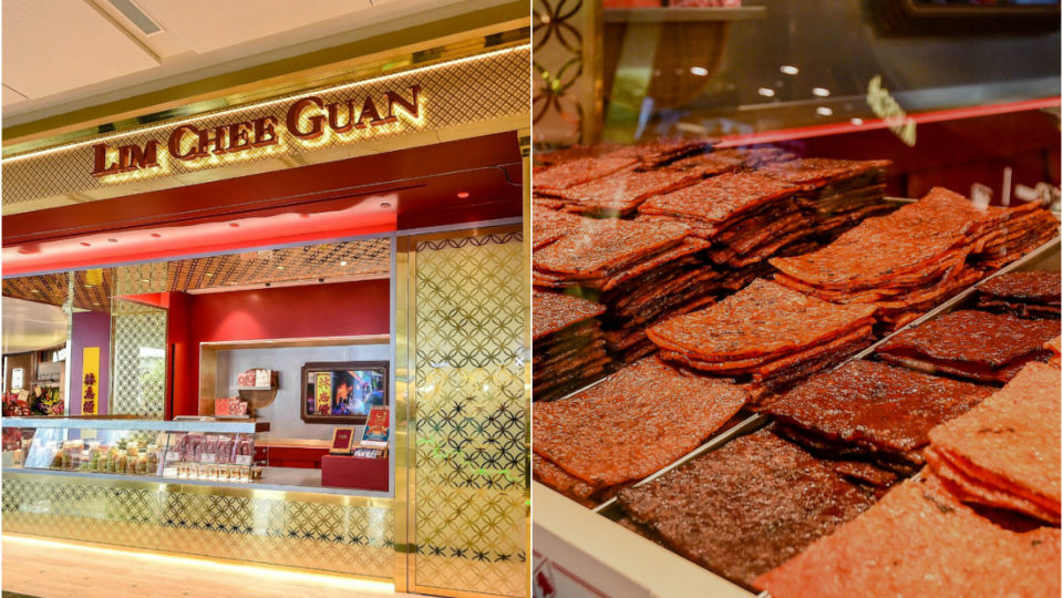 Lim Chee Guan’s outlet at Jewel Changi Airport, at left, and its signature pork jerky, at right. Photos: Lim Chee Guan
