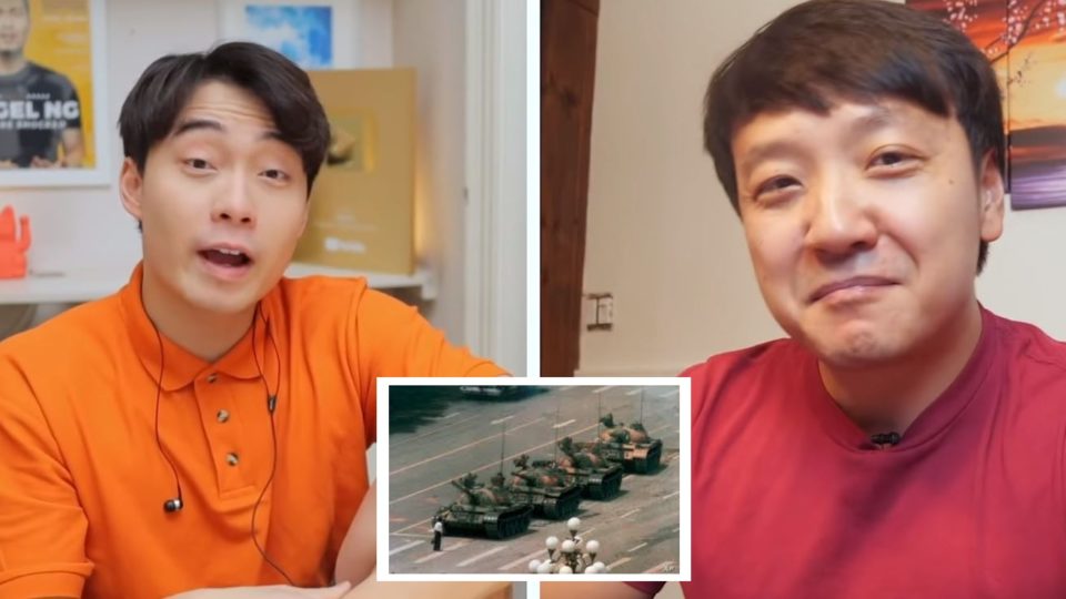 File photo of a scene from the Tiananmen Square massacre against a screenshot from ‘Uncle Roger DISGUSTED by UGLY DUMPLINGS’ video. Photos: HotpotTV/Facebook, Mike Chen/Instagram