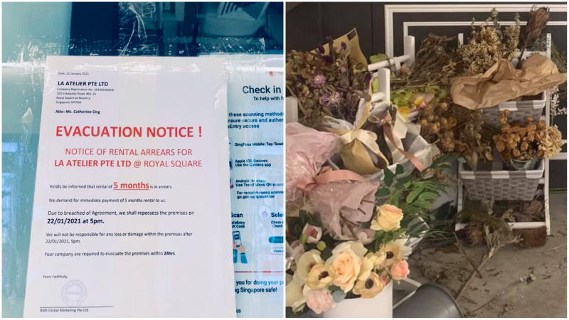 Photo of an eviction notice and wilting flowers at a florist shop at the Royal Square mall in Novena. Photos: Cassandra Hong/Facebook
