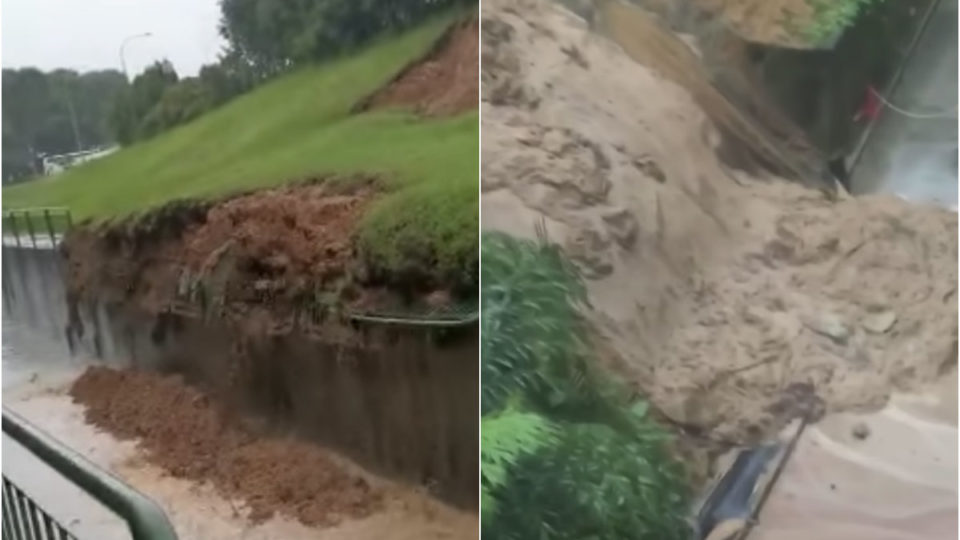 Mudslides captured on video at Loyang Avenue and Outram. Photos: Kiwi Edward Lim/Facebook, Sg Road Vigilante/YouTube
