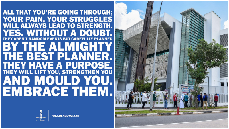 A message from the Assyafaah Mosque, at left. Its place of worship in Admiralty, at right. Photos: K Shanmugam Sc/Facebook, Assyafaah Mosque/Facebook
