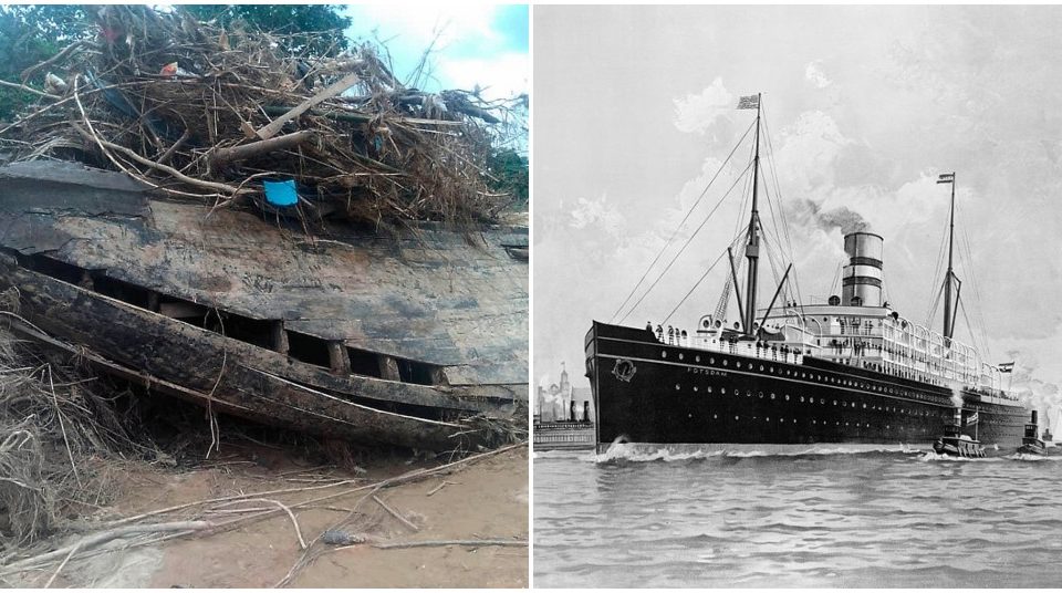 The shipwreck found in Kuala Lipis on Jan. 14, 2021, at left, and a file photo of a steamship during the 1900s. Photos: The Star, Fred Pansing