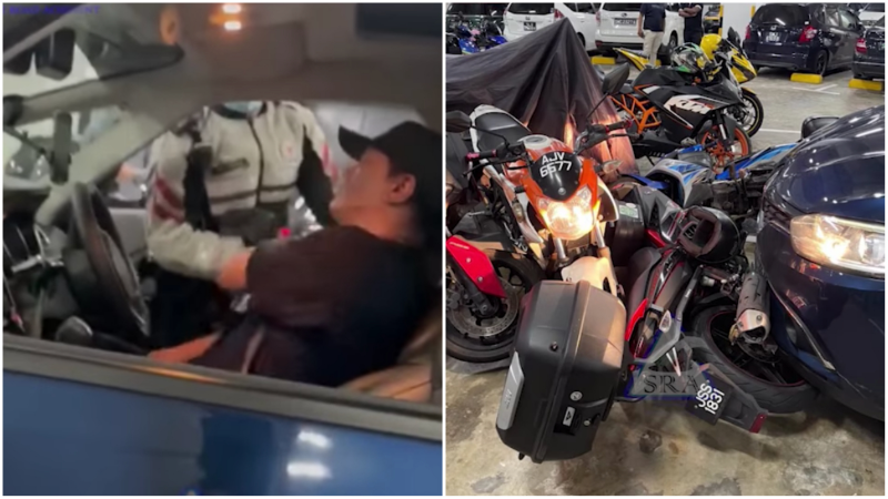 Screengrab from a video of police officers struggling to get a man out of his car. Photos: Singapore Road Accident/Facebook
