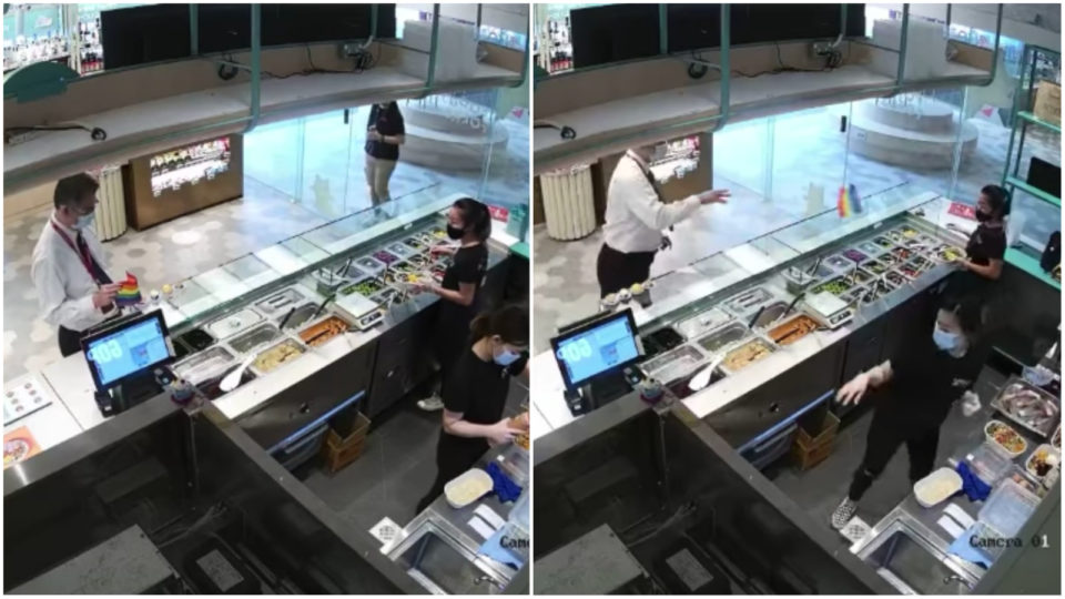 Still images from Jan. 18 surveillance footage at the Lau Pa Sat food center on Raffles Quay. Images: Smol Singapore/Facebook