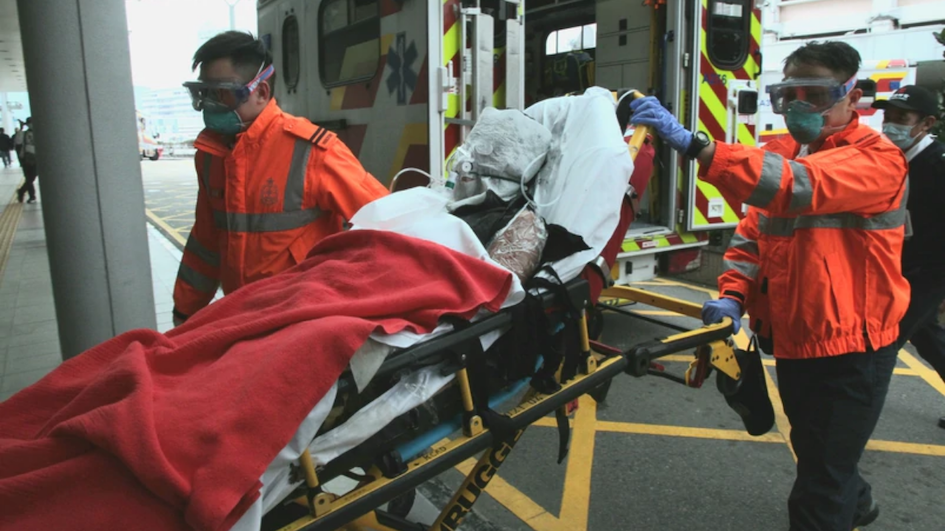 The Indonesian domestic worker was wheeled away on a stretcher after the fire at her employer’s home at Cheung On Estate, Tsing Yi, on Jan. 21, 2020. Photo via Apple Daily