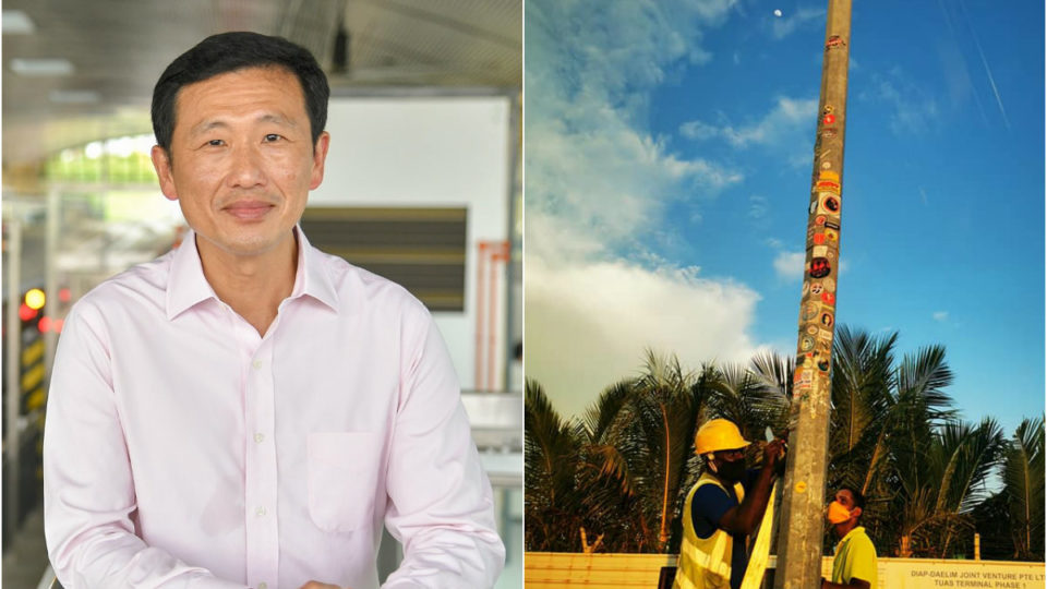 Transport Minister Ong Ye Kung (at left) and workers scraping off stickers from a lamp post in Tuas. Photos: Ong Ye Kung, Siti Musfirah/Facebook
