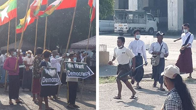 This morning’s protest before people were attached, at left. Pro-military elements arriving to beat them, at right. Photos: Ko Tayote Lay / Courtesy