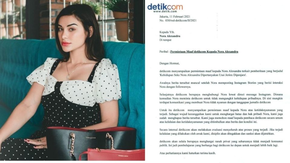 Left, a photo of Nora Alexandra taken from Instagram, and right, a scanned letter of apology to Nora from Detik. 