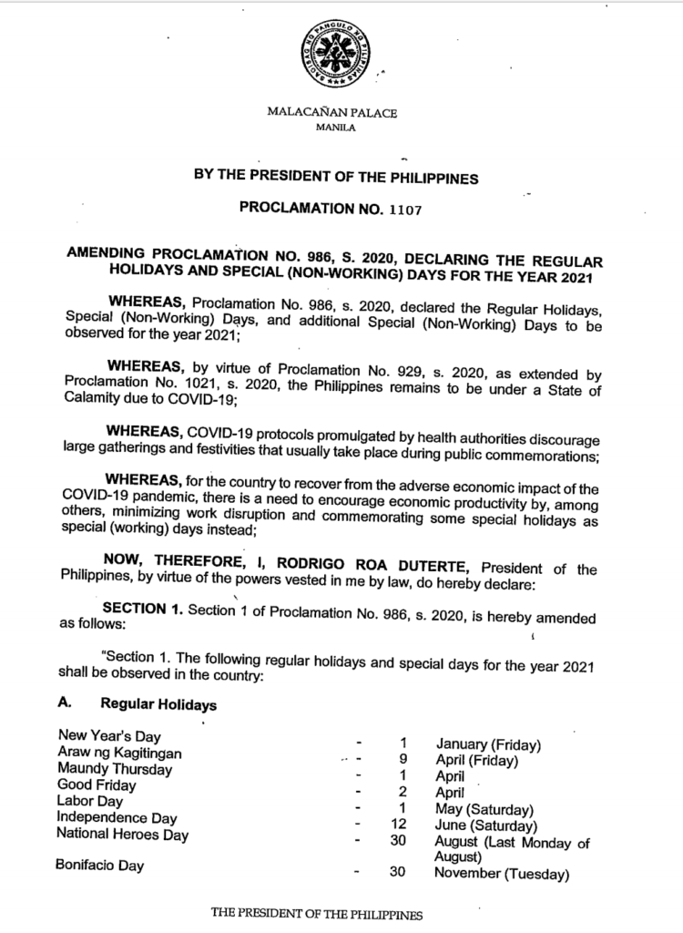 Copy of Proclamation 1107