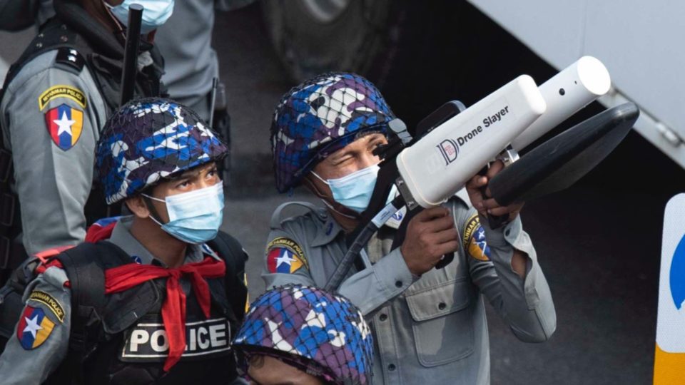 Myanmar police officers aim an anti-drone gun supplied by TRD Singapore. Photo: Justice For Myanmar/Twitter
