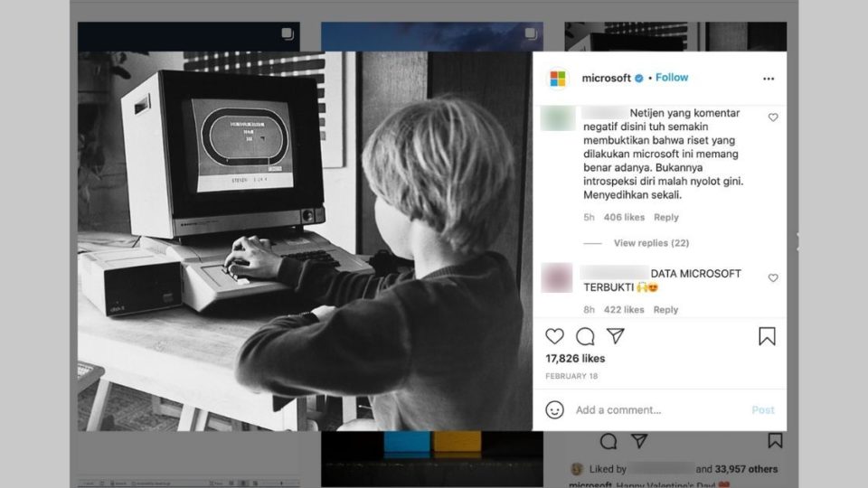 “Microsoft’s data has been proven,” the second comment reads, responding to the Indonesian netizens that stormed Microsoft’s Instagram page after the country came last in Southeast Asia in the Digital Civility Index (DCI) conducted by the tech company. Screenshot from Instagram/@Microsoft