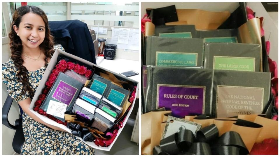 Law student Malia Annellie Laynes holding the gifts she had received from her boyfriend. Photo: Laynes/FB