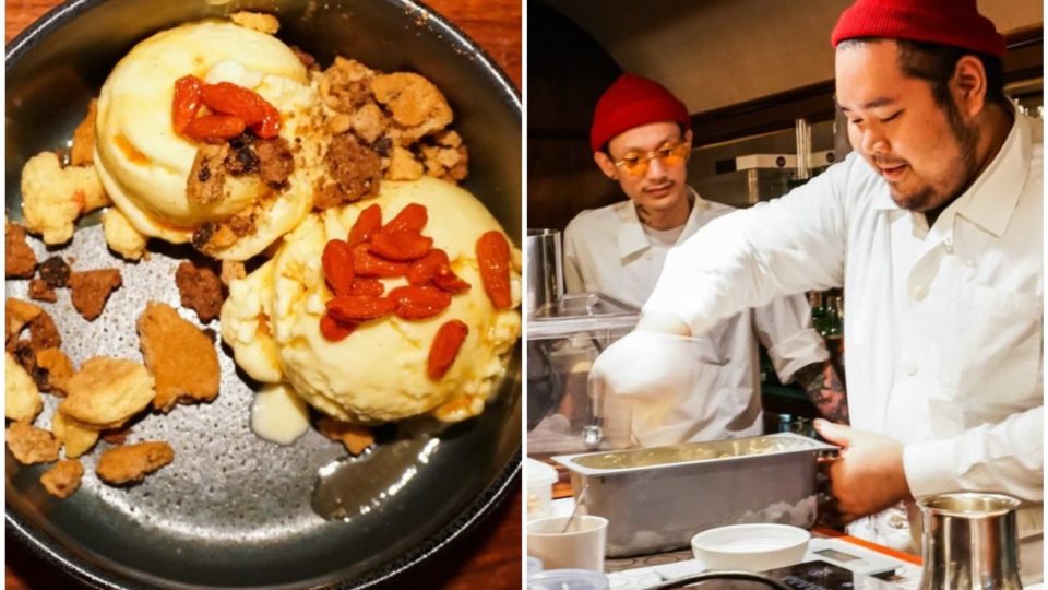 ‘The OGV’ vanilla ice-cream, at left, and bartender Attapon De Silva scoops up ice-cream for his customers, at right. Photos: Coconuts Bangkok
