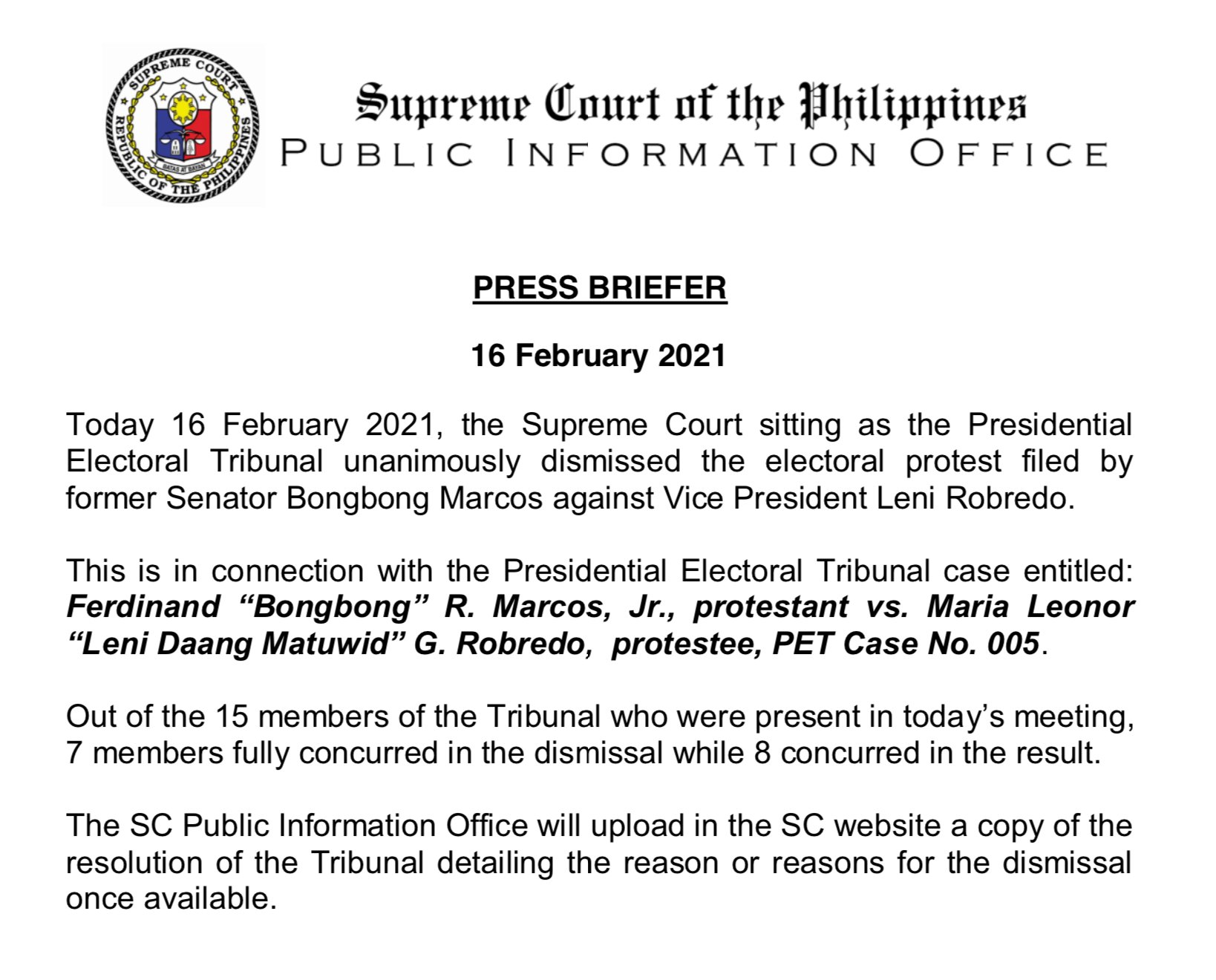 The Supreme Court's official announcement