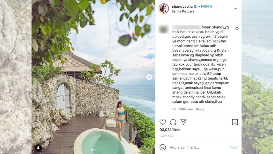 “I’m afraid Claire will follow your steps in being pornographic when she grows up,” one woman told Indonesian actress/entrepreneur Shandy Aulia in an Instagram post of her wearing a bikini by a pool. Screenshot from Instagram/@shandyaulia