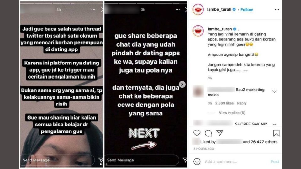 Shopee Indonesia’s paid post ⁠— which was recently uploaded on Indonesia’s biggest gossip page on Instagram, Lambe Turah ⁠— appeared to mimic viral posts from sexual harassment victims in the past, featuring screenshots of the victim’s social media posts that called on other women to be careful when using dating apps. Screenshot from Twitter/@jxnxt & Instagram/@lambe_turah