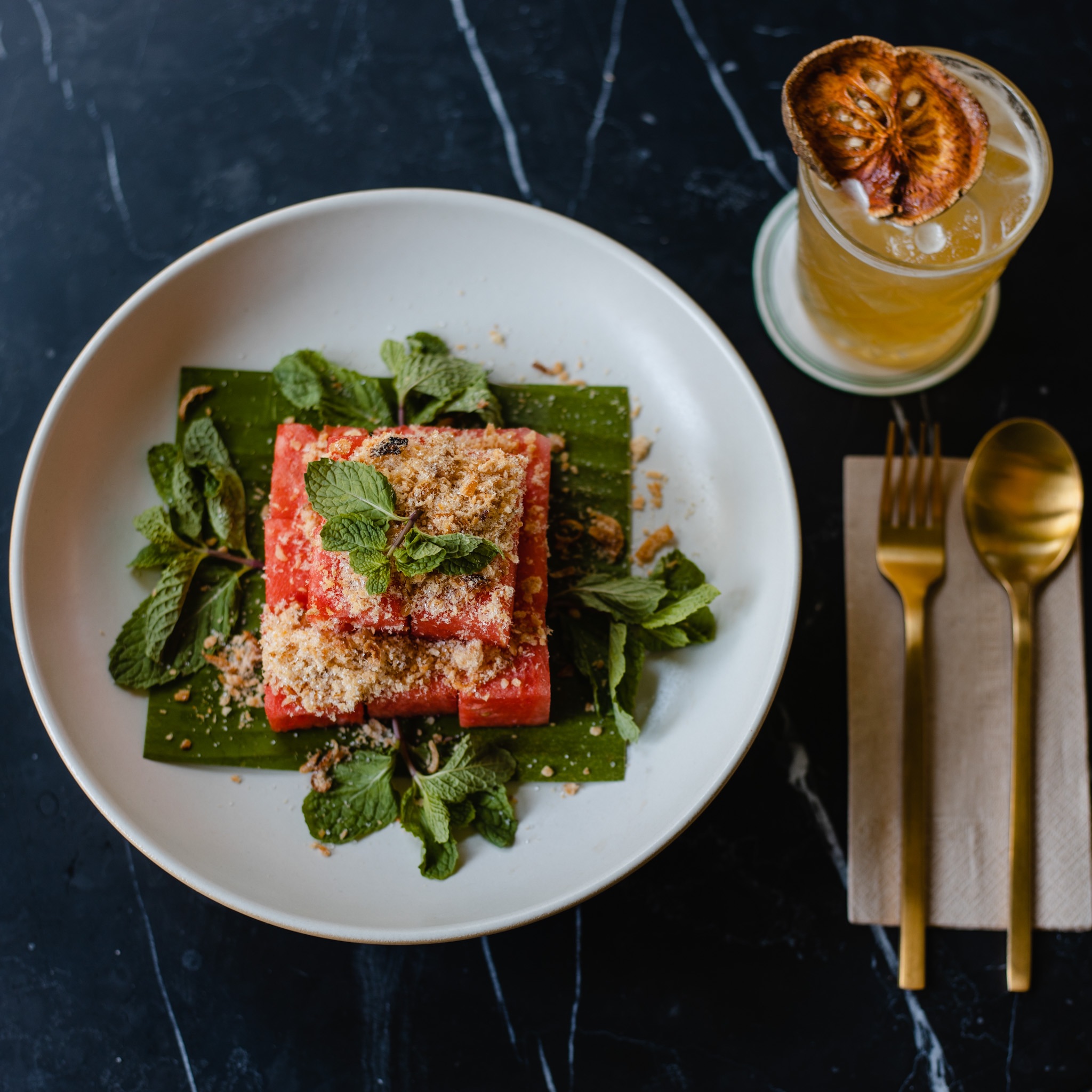 Pla Haeng Tangmo (fresh watermelon with fried snakehead fish, THB220)