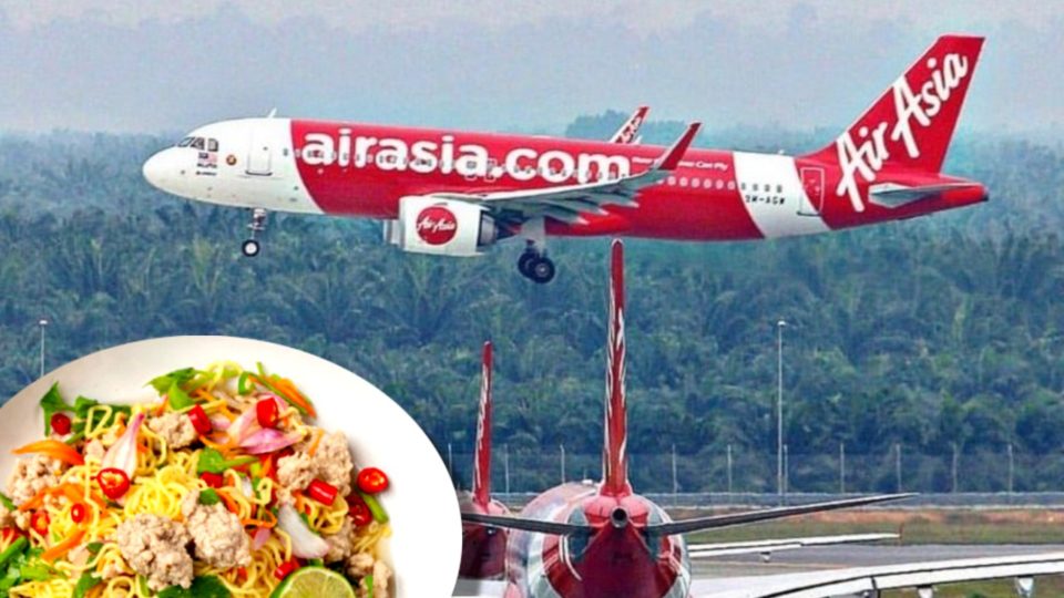 AirAsia aircrafts taking off and a plate of noodles. Photo: Coconuts