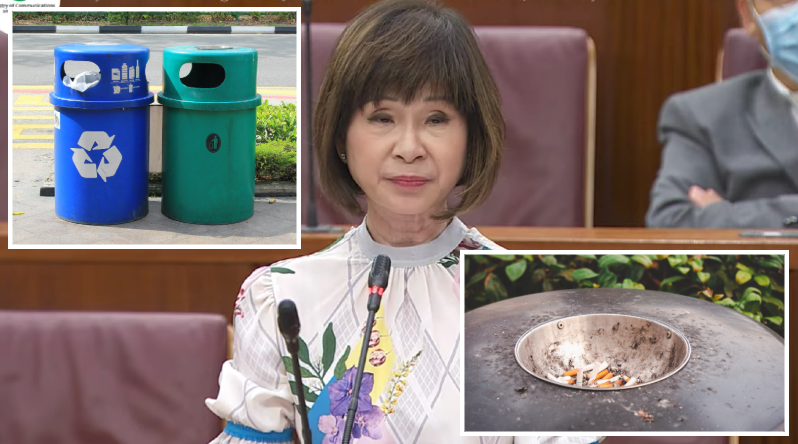 Senior Minister of State Amy Khor in parliament today, with ashtray bins inset. Original photo: Ministry of Communications and Information
