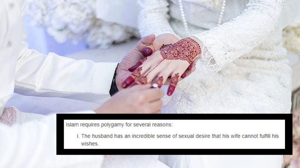 Screenshot of the ‘polygamy’ text against a file photo of a man holding a woman’s hand in marriage. Photo: Coconuts