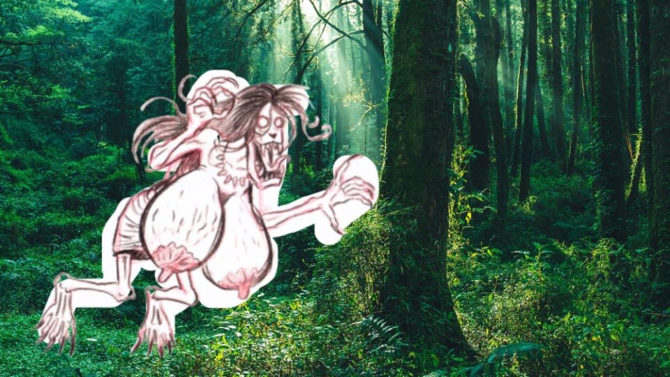 A sketch of the ‘hantu tetek.’ in a forest. Original photo: Bunganberry/Twitter
